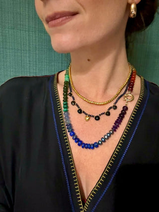 X-Large Classic Rainbow necklace, mixed gemstones knotted on silk with a 9k gold bolt clasp.