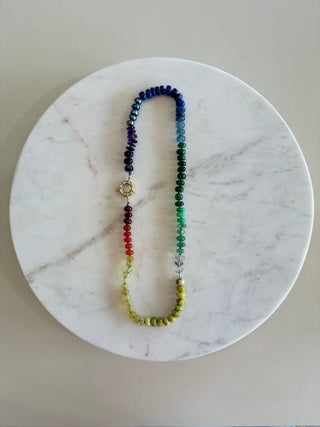 X-Large Classic Rainbow necklace, mixed gemstones knotted on silk with a 9k gold bolt clasp.