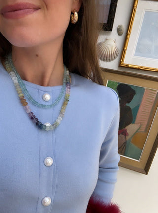 X-Large Sorsa Rainbow necklace, mixed gemstones knotted on silk with a 9ct vintage gold bolt clasp.