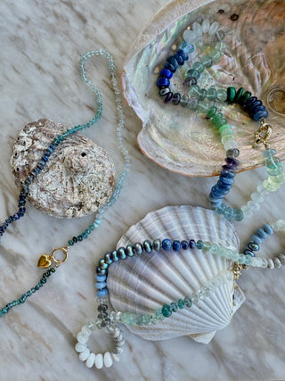X-Large Soul of the Sea necklace, mixed gemstones on silk with a 9k gold bolt clasp.