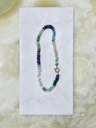 X-Large Soul of the Sea necklace, mixed gemstones on silk with a 9k gold bolt clasp.