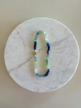 X-Large Soul of the Sea necklace, mixed gemstones on silk with a 9k gold bolt clasp.
