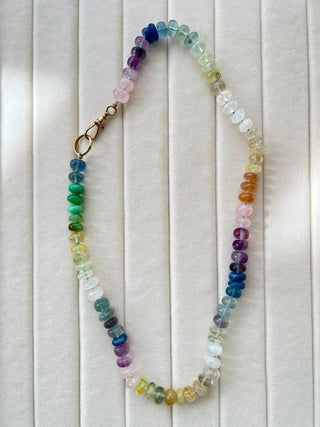 X-Large Sorsa Rainbow necklace, mixed gemstones knotted on silk with a 9ct vintage gold bolt clasp.