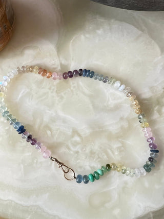 X-Large Sorsa Rainbow necklace, mixed gemstones knotted on silk with a 9ct vintage gold bolt clasp.