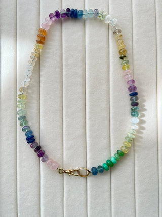 X-Large Sorsa Rainbow necklace, mixed gemstones knotted on silk with a 9ct vintage gold bolt clasp.